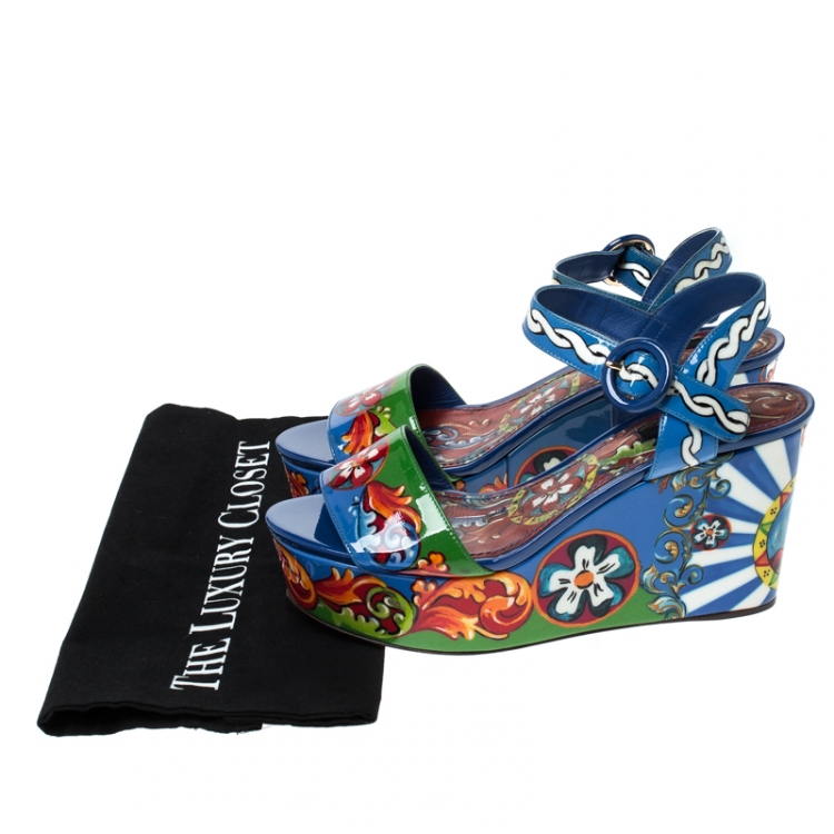 Pre Owned Dolce and Gabbana Multicolor Print Patent Leather Ankle Strap Platform Wedge Sandals Size 38