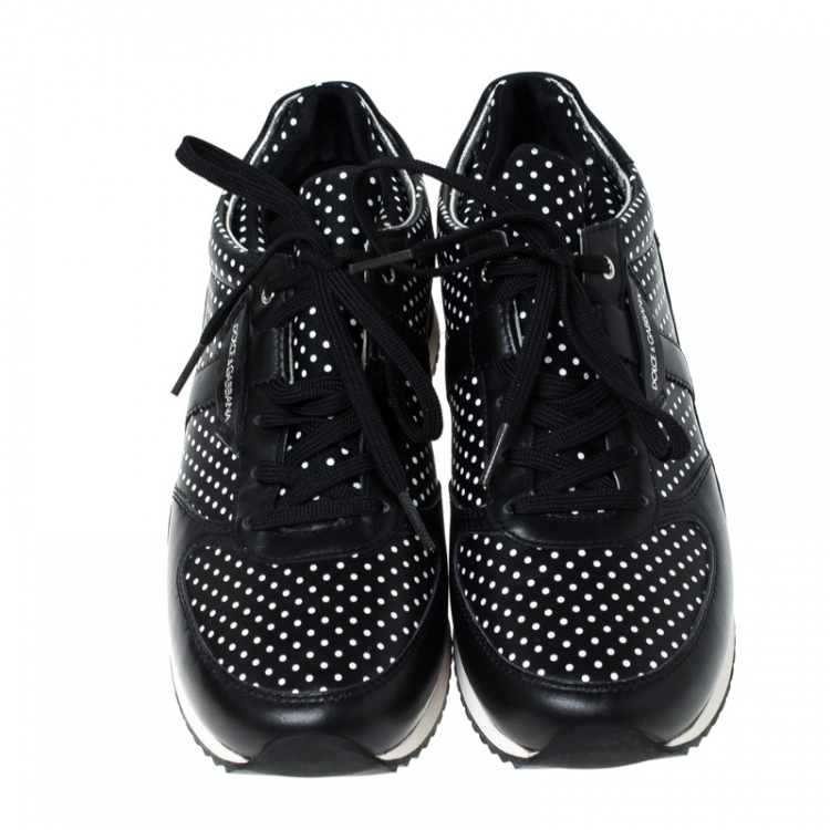 Pre Owned Dolce & Gabanna Black/White Polka Dots Leather Lace Sneakers Size 38