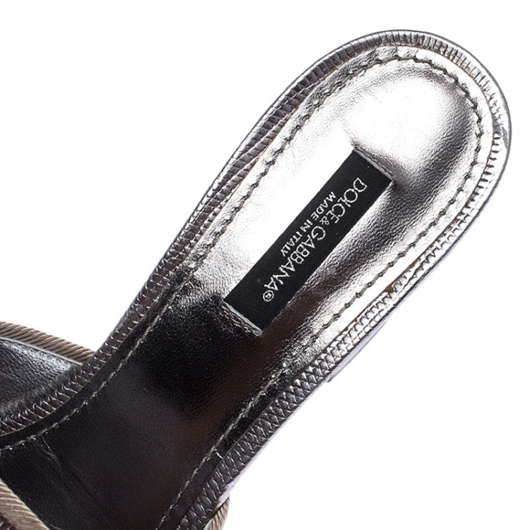 Pre Owned Dolce and Gabbana Grey Metallic Lizard Embossed Leather Block Heel Mules Size 37.5