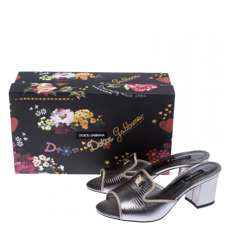 Pre Owned Dolce and Gabbana Grey Metallic Lizard Embossed Leather Block Heel Mules Size 37.5