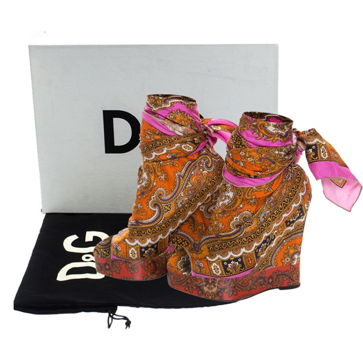 Pre Owned Dolce and Gabbana Multicolor Scarf Open Toe Ankle Wrap Wedge Pumps Size 36