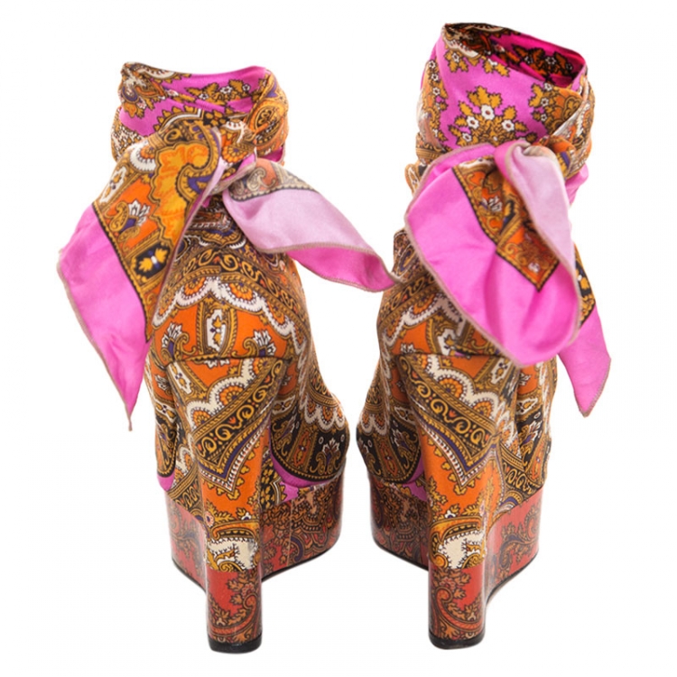 Pre Owned Dolce and Gabbana Multicolor Scarf Open Toe Ankle Wrap Wedge Pumps Size 36