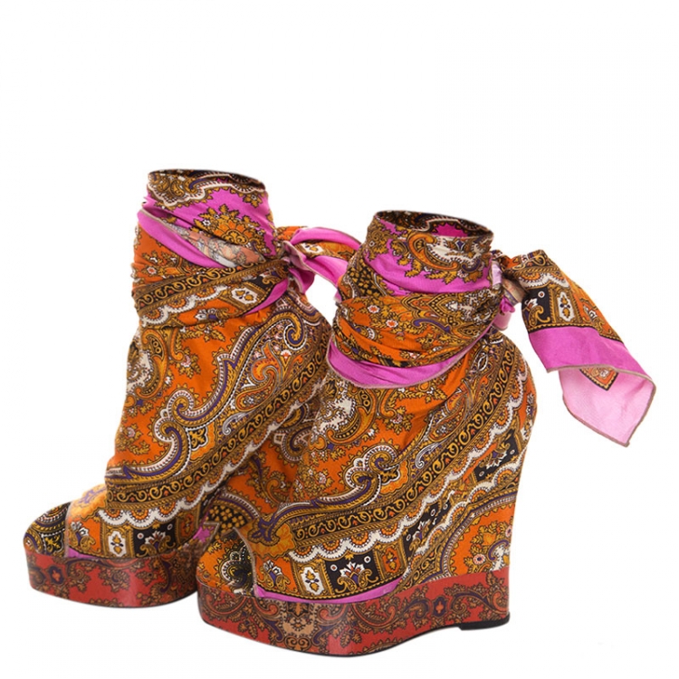 Pre Owned Dolce and Gabbana Multicolor Scarf Open Toe Ankle Wrap Wedge Pumps Size 36