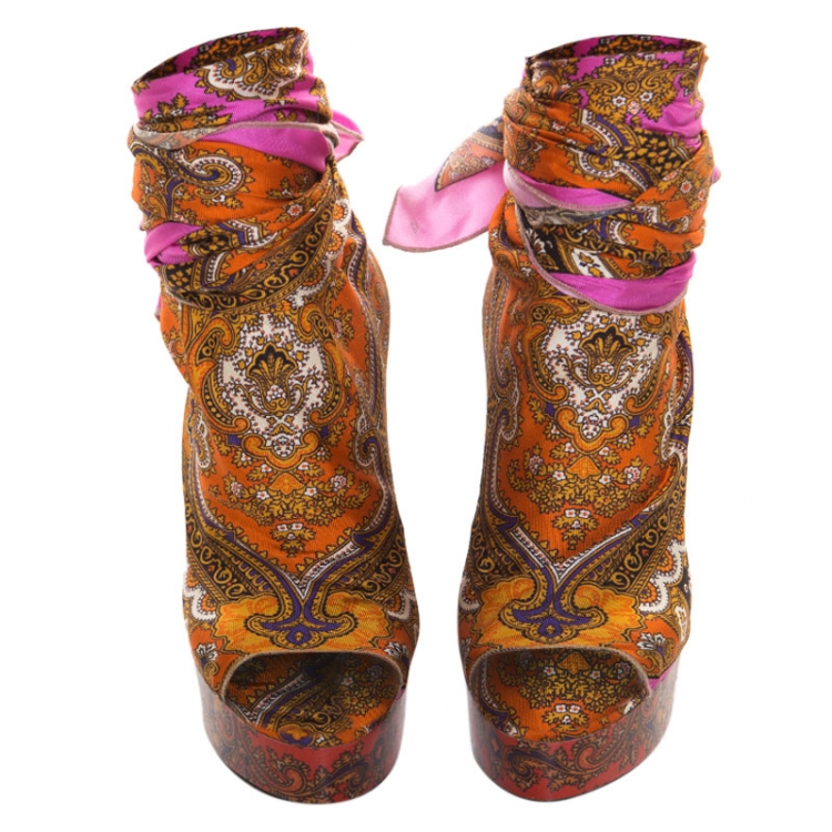 Pre Owned Dolce and Gabbana Multicolor Scarf Open Toe Ankle Wrap Wedge Pumps Size 36