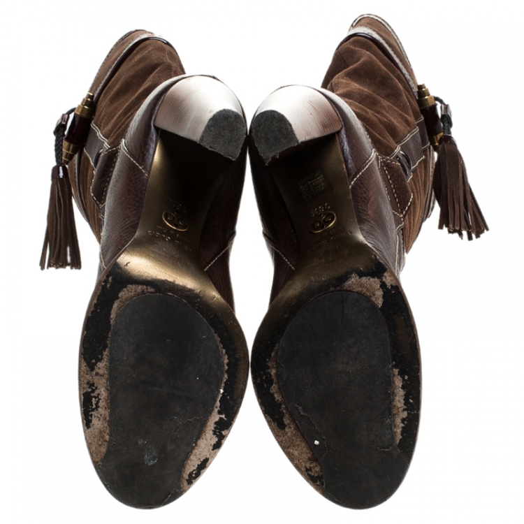 Pre Owned Dolce and Gabbana Brown Suede And Leather Tassel Embellished Knee Length Boots Size 38.5