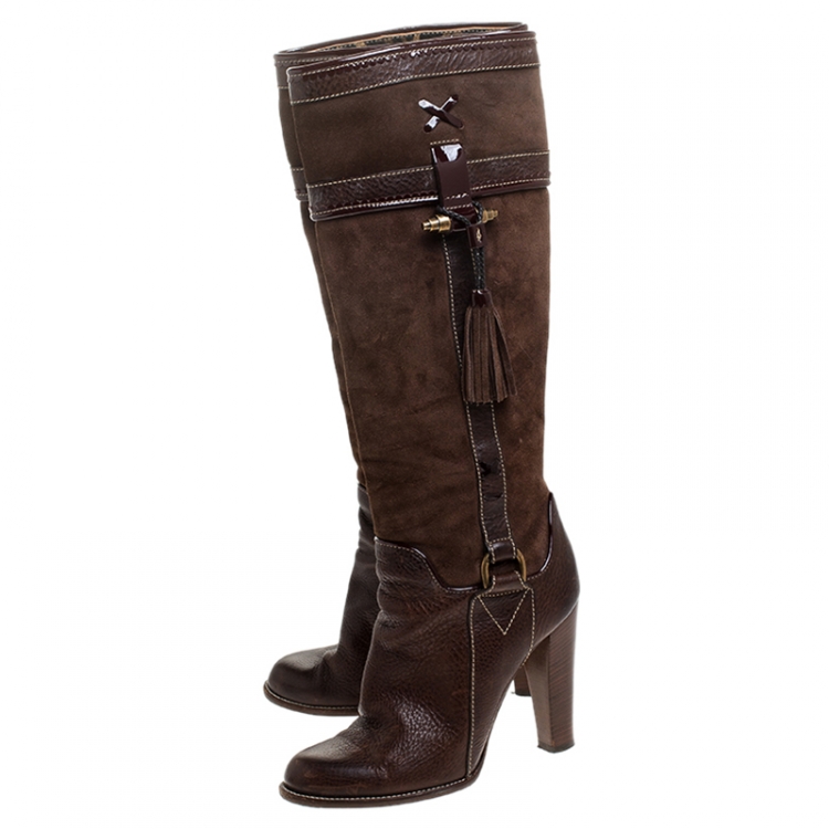 Pre Owned Dolce and Gabbana Brown Suede And Leather Tassel Embellished Knee Length Boots Size 38.5