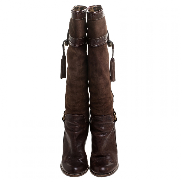 Pre Owned Dolce and Gabbana Brown Suede And Leather Tassel Embellished Knee Length Boots Size 38.5