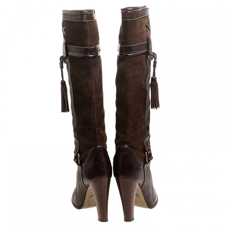 Pre Owned Dolce and Gabbana Brown Suede And Leather Tassel Embellished Knee Length Boots Size 38.5