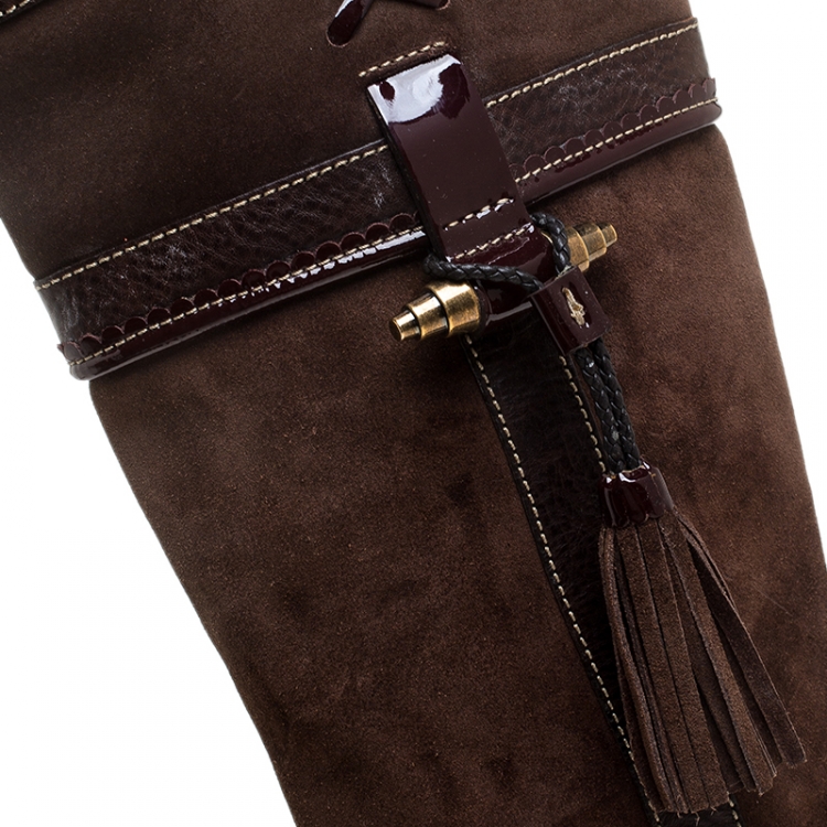 Pre Owned Dolce and Gabbana Brown Suede And Leather Tassel Embellished Knee Length Boots Size 38.5