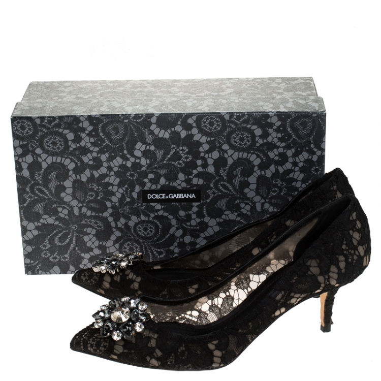 Pre Owned Dolce and Gabbana Black Lace Bellucci Crystal Embellished Pumps Size 42