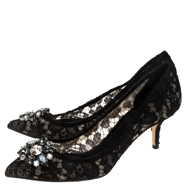 Pre Owned Dolce and Gabbana Black Lace Bellucci Crystal Embellished Pumps Size 42