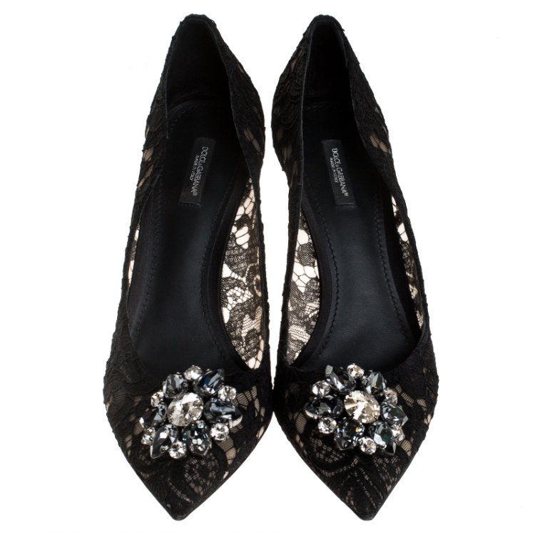 Pre Owned Dolce and Gabbana Black Lace Bellucci Crystal Embellished Pumps Size 42