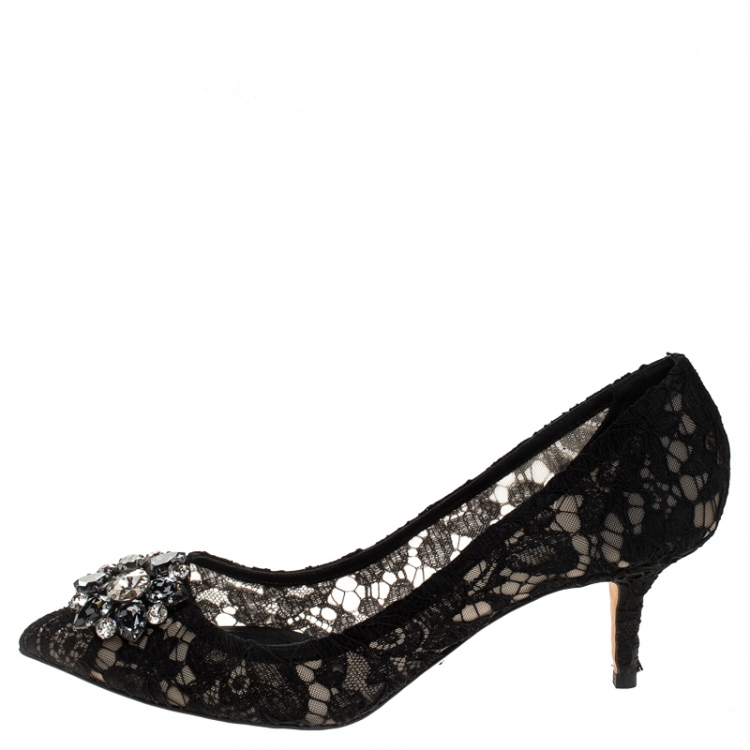 Pre Owned Dolce and Gabbana Black Lace Bellucci Crystal Embellished Pumps Size 42