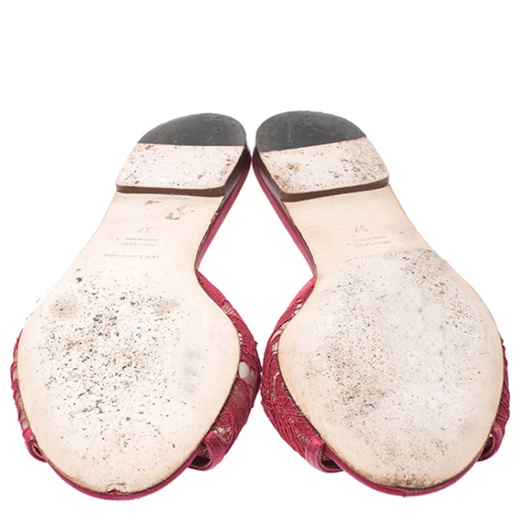 Pre Owned Dolce and Gabbana Red Lace And Satin Crystal Embellished Bianca Flat Slides Size 37