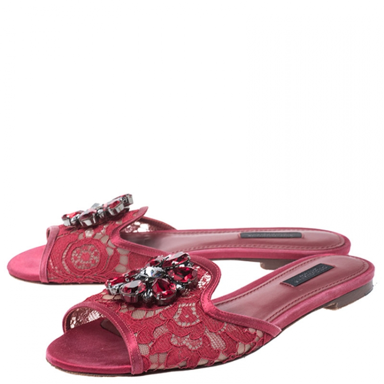 Pre Owned Dolce and Gabbana Red Lace And Satin Crystal Embellished Bianca Flat Slides Size 37