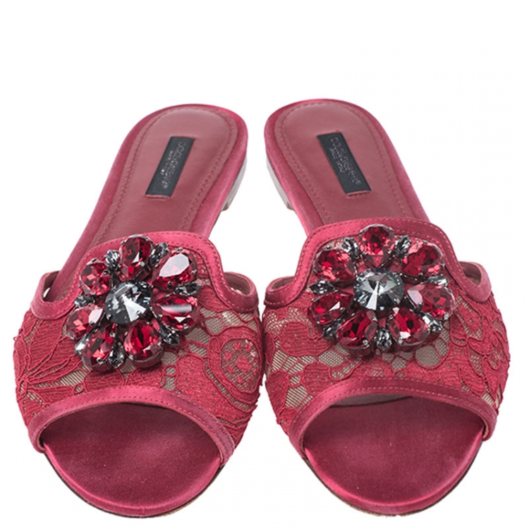 Pre Owned Dolce and Gabbana Red Lace And Satin Crystal Embellished Bianca Flat Slides Size 37
