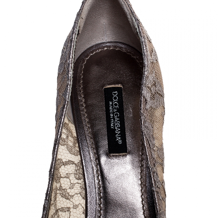 Pre Owned Dolce and Gabbana Beige Crystal Embellished Lace Bellucci Pointed Toe Pumps Size 37.5