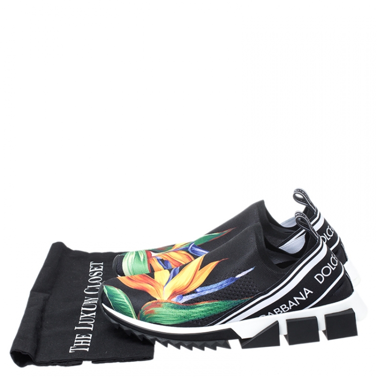 Pre Owned Dolce and Gabbana Black Stretch Knit Fabric Floral Print Slip On Sneaker Size 42