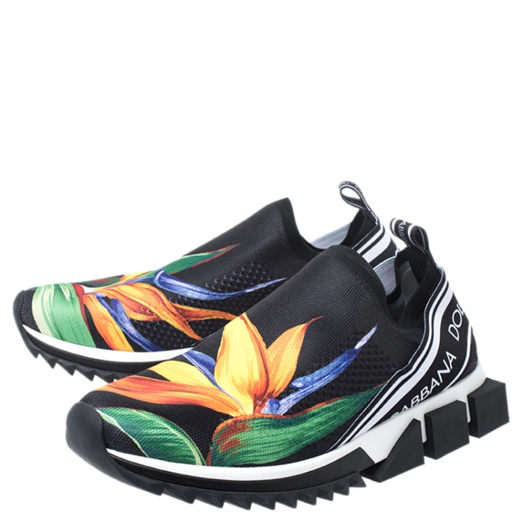 Pre Owned Dolce and Gabbana Black Stretch Knit Fabric Floral Print Slip On Sneaker Size 42