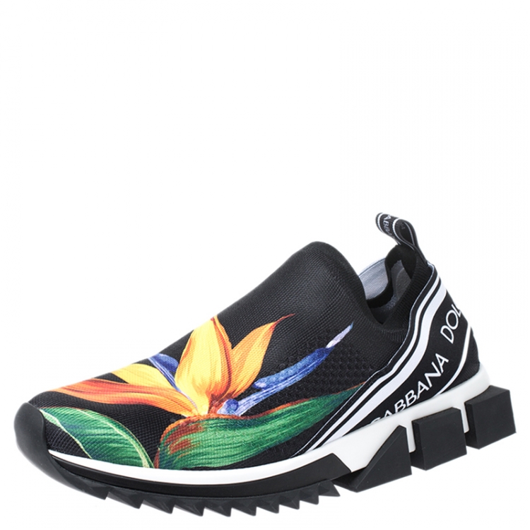 Pre Owned Dolce and Gabbana Black Stretch Knit Fabric Floral Print Slip On Sneaker Size 42