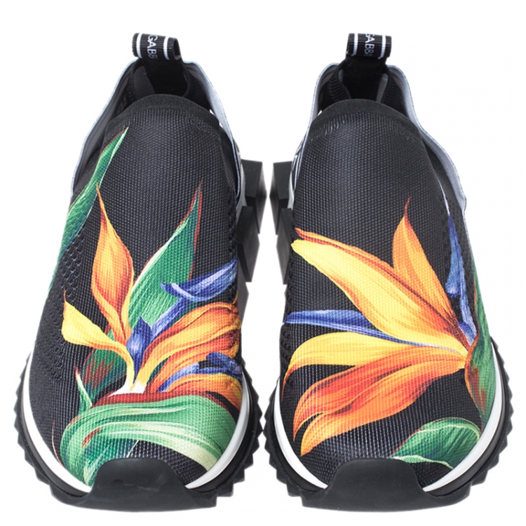 Pre Owned Dolce and Gabbana Black Stretch Knit Fabric Floral Print Slip On Sneaker Size 42