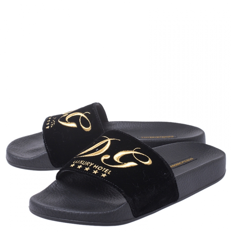 Pre Owned Dolce and Gabbana Black Velvet Hotel Slides Size 38