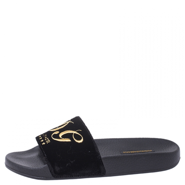 Pre Owned Dolce and Gabbana Black Velvet Hotel Slides Size 38