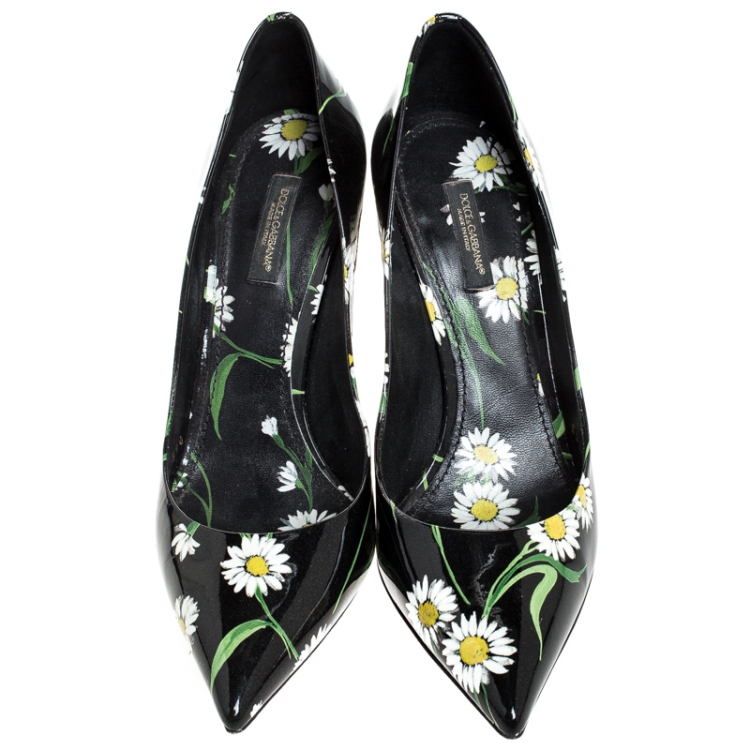 Pre Owned Dolce and Gabbana Black Patent Leather Floral Printed Pointed Toe Pumps Size 39.5