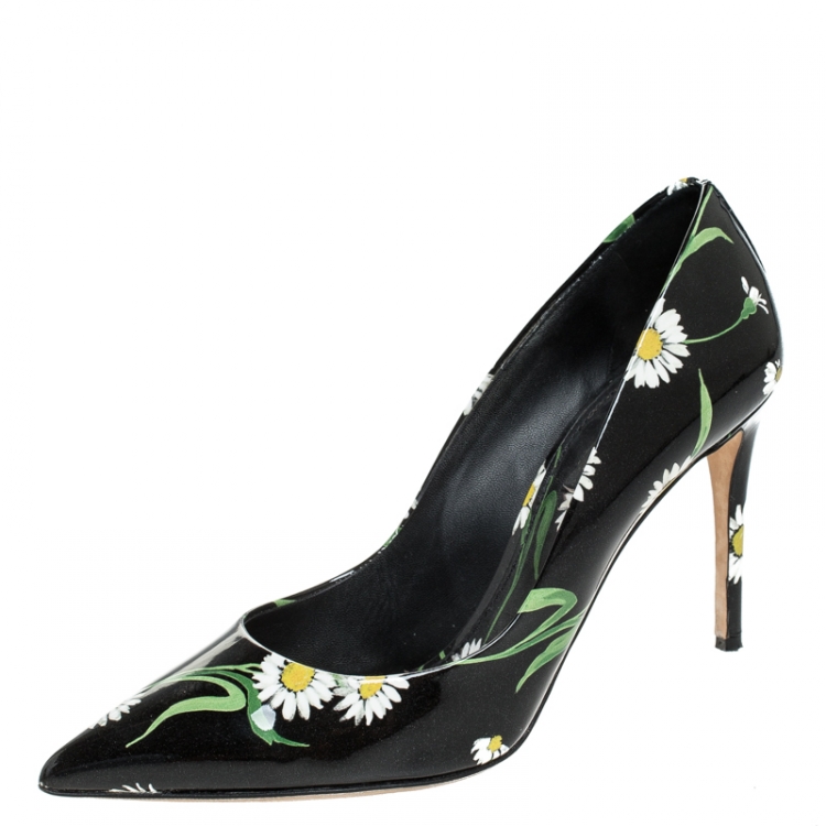 Pre Owned Dolce and Gabbana Black Patent Leather Floral Printed Pointed Toe Pumps Size 39.5