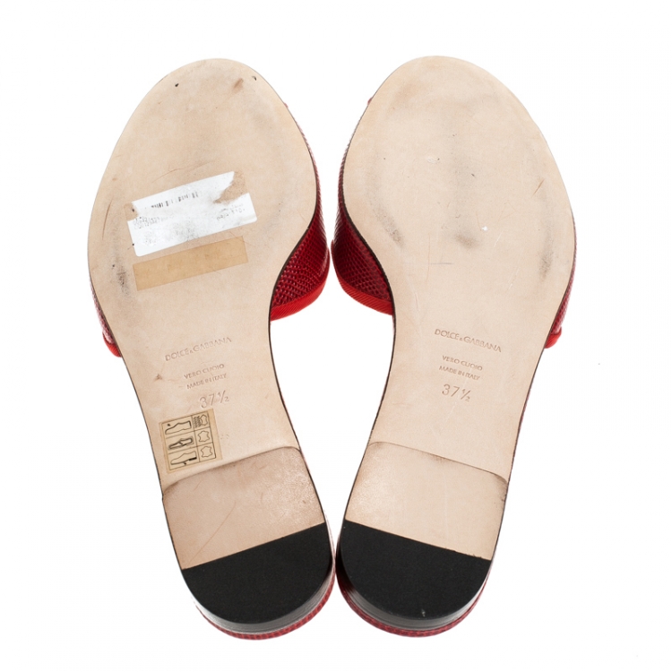 Pre Owned Dolce & Gabbana Red Lizard Leather Flat Slides Size 37.5
