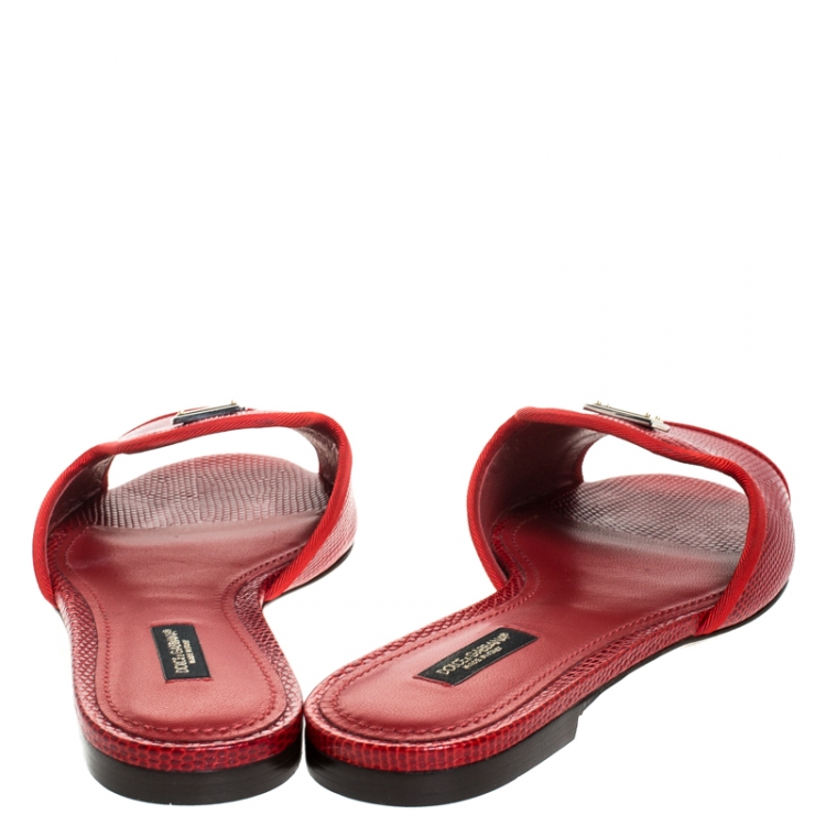 Pre Owned Dolce & Gabbana Red Lizard Leather Flat Slides Size 37.5