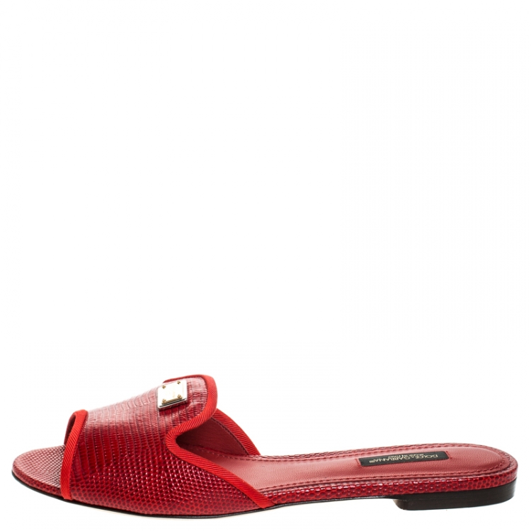 Pre Owned Dolce & Gabbana Red Lizard Leather Flat Slides Size 37.5