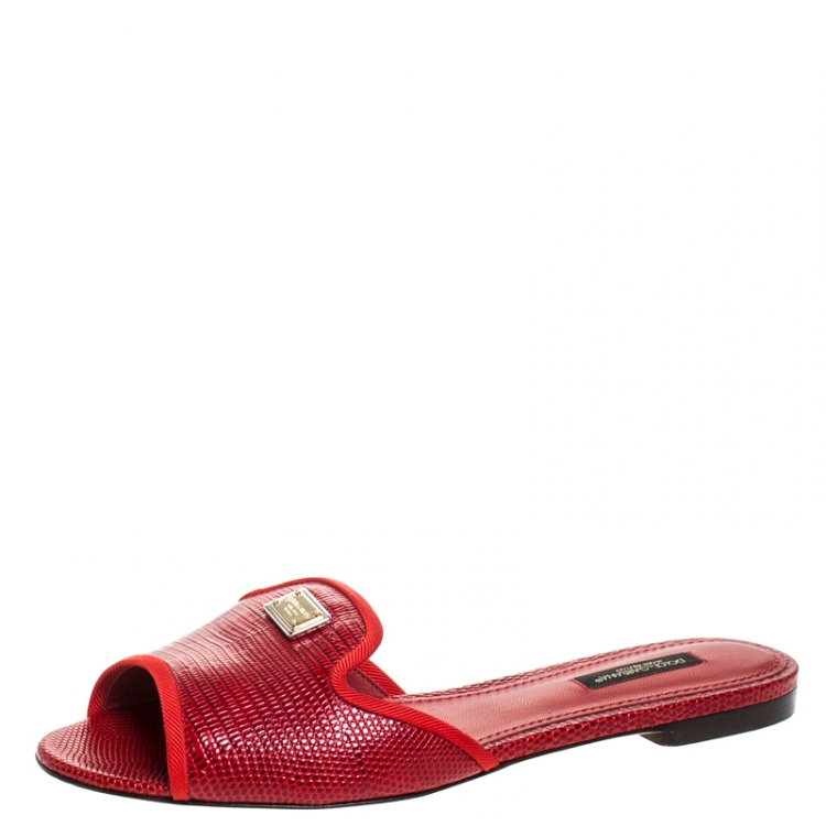 Pre Owned Dolce & Gabbana Red Lizard Leather Flat Slides Size 37.5