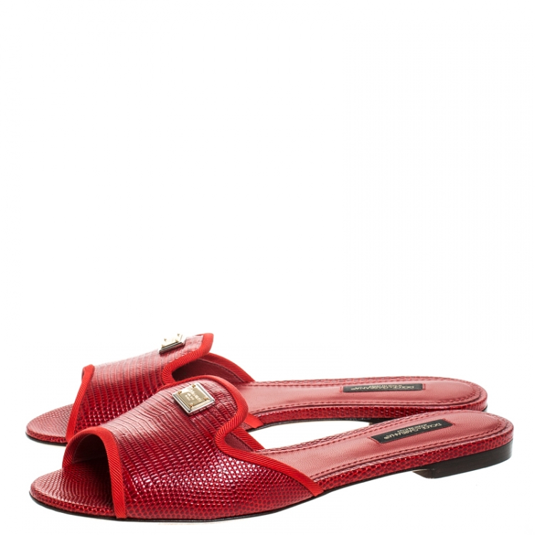 Pre Owned Dolce & Gabbana Red Lizard Leather Flat Slides Size 37.5