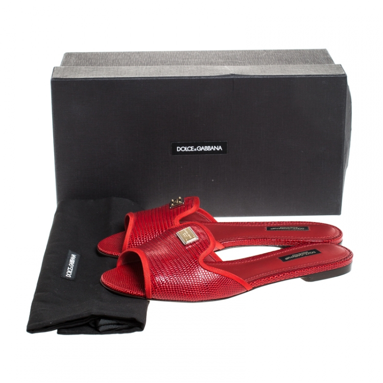 Pre Owned Dolce & Gabbana Red Lizard Leather Flat Slides Size 37.5