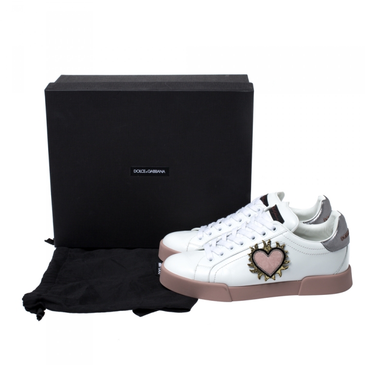 Pre Owned Dolce & Gabbana White Leather Portofino Love Applique Low Top Sneakers Size 38