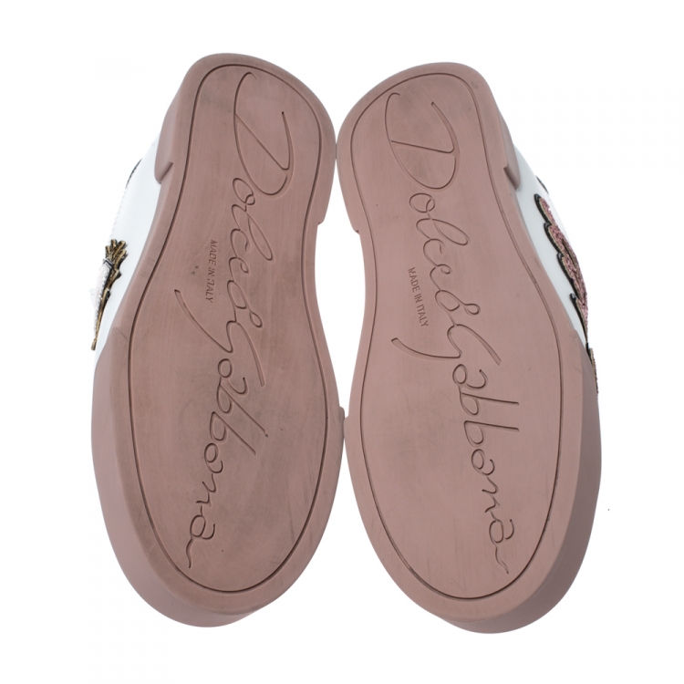 Pre Owned Dolce & Gabbana White Leather Portofino Love Applique Low Top Sneakers Size 38