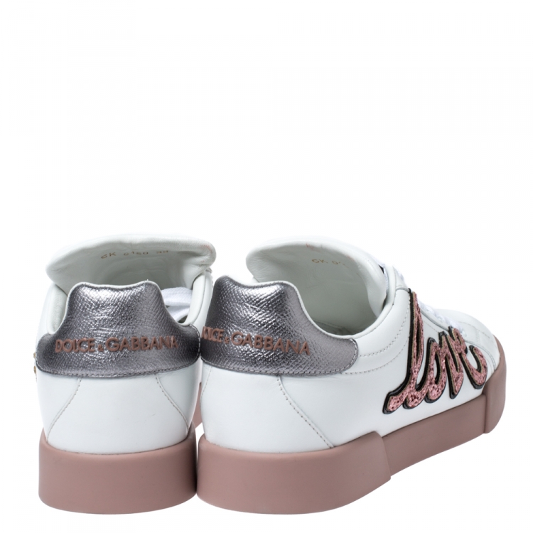 Pre Owned Dolce & Gabbana White Leather Portofino Love Applique Low Top Sneakers Size 38