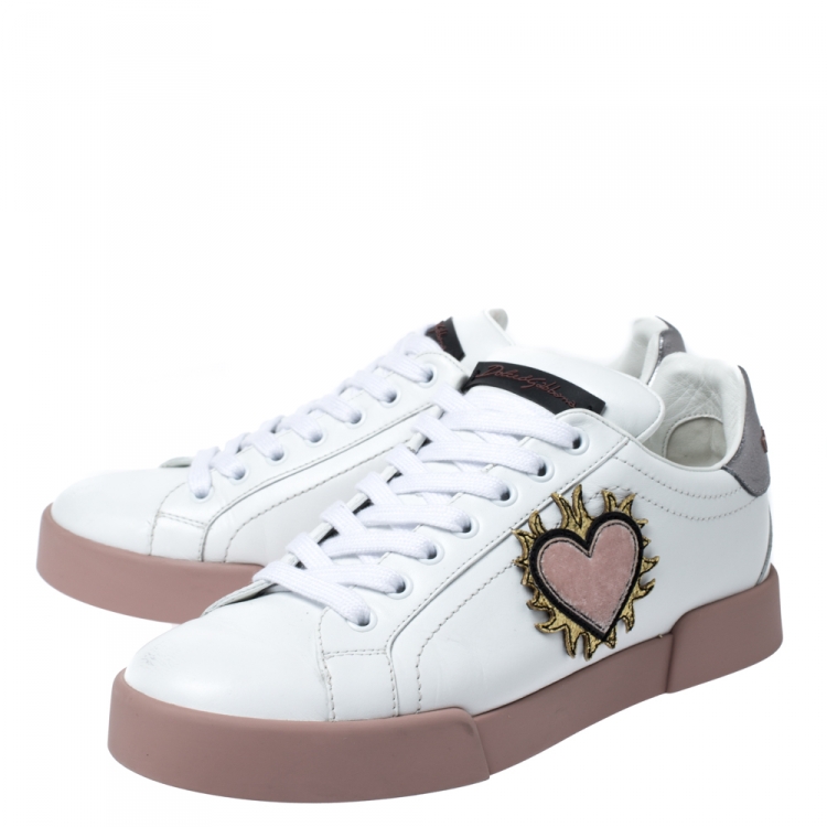 Pre Owned Dolce & Gabbana White Leather Portofino Love Applique Low Top Sneakers Size 38
