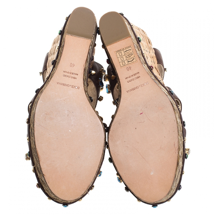 Pre Owned Dolce and Gabbana Brown Leather Crystal And Stud Embellished Raffia Wedges Size 40