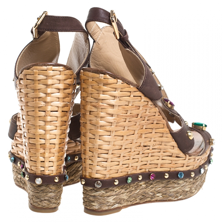 Pre Owned Dolce and Gabbana Brown Leather Crystal And Stud Embellished Raffia Wedges Size 40