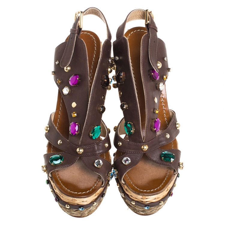 Pre Owned Dolce and Gabbana Brown Leather Crystal And Stud Embellished Raffia Wedges Size 40