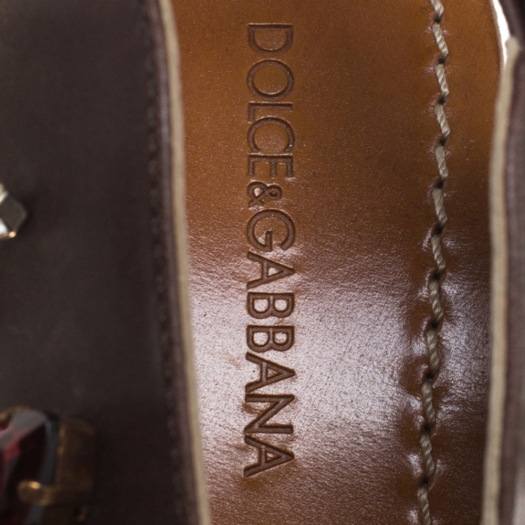 Pre Owned Dolce and Gabbana Brown Leather Crystal And Stud Embellished Raffia Wedges Size 40