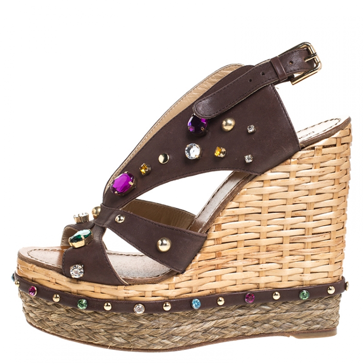 Pre Owned Dolce and Gabbana Brown Leather Crystal And Stud Embellished Raffia Wedges Size 40