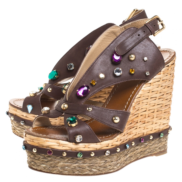 Pre Owned Dolce and Gabbana Brown Leather Crystal And Stud Embellished Raffia Wedges Size 40