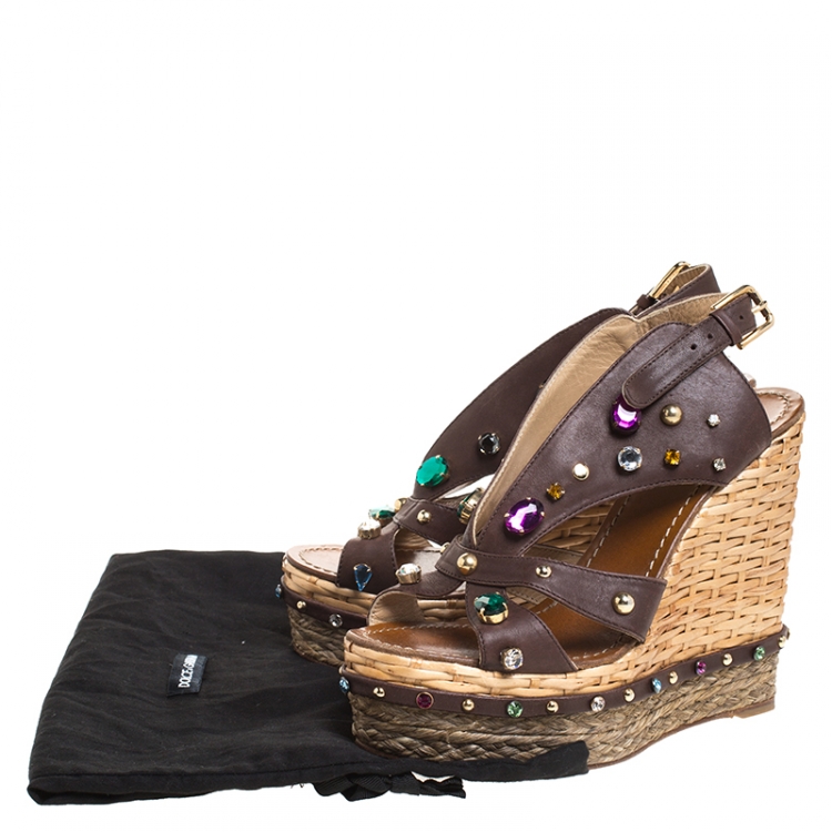 Pre Owned Dolce and Gabbana Brown Leather Crystal And Stud Embellished Raffia Wedges Size 40