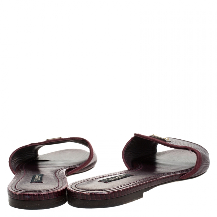 Pre Owned Dolce and Gabbana Burgundy Lizard Embossed Leather Sofia Slides Size 38