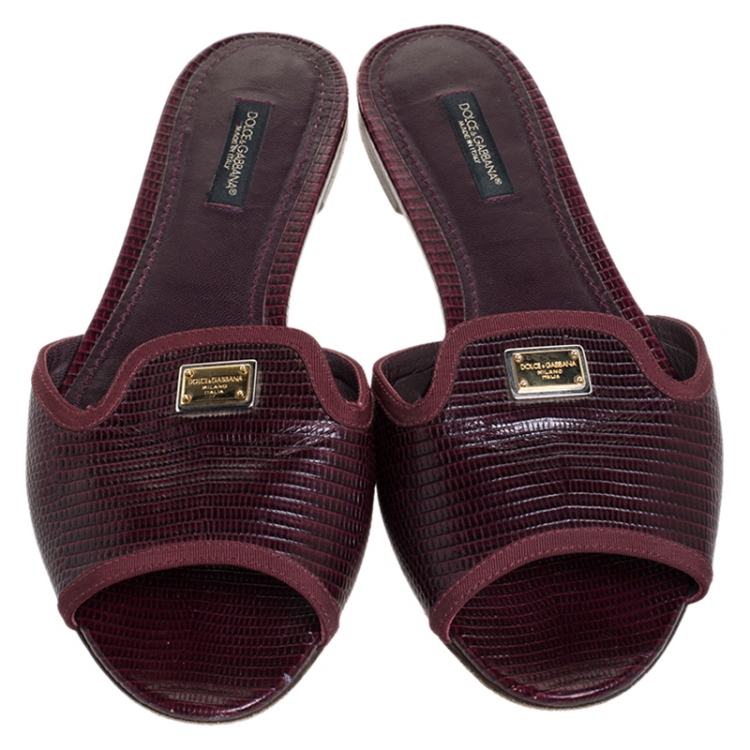 Pre Owned Dolce and Gabbana Burgundy Lizard Embossed Leather Sofia Slides Size 38