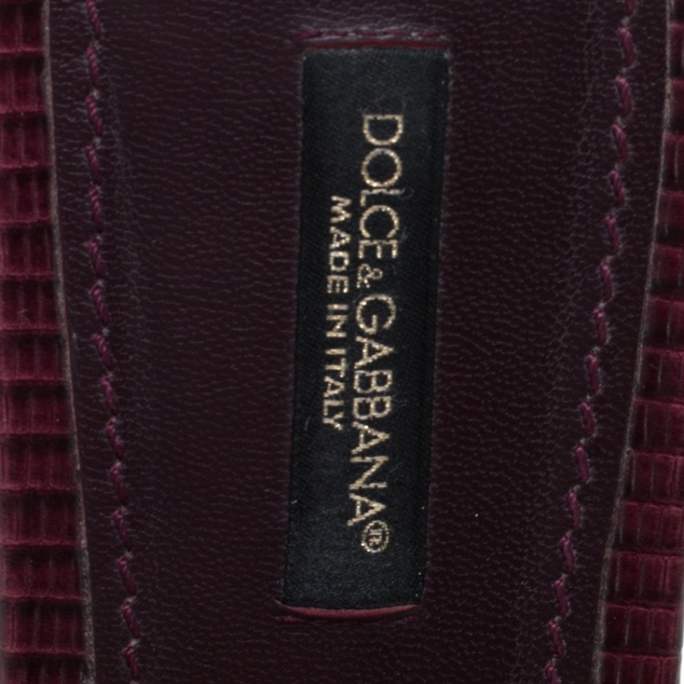 Pre Owned Dolce and Gabbana Burgundy Lizard Embossed Leather Sofia Slides Size 38