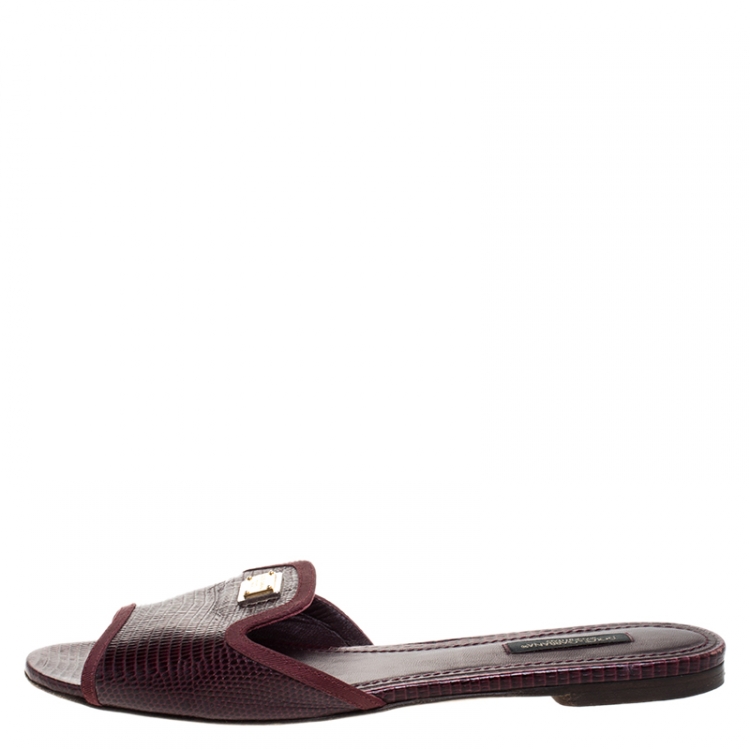 Pre Owned Dolce and Gabbana Burgundy Lizard Embossed Leather Sofia Slides Size 38